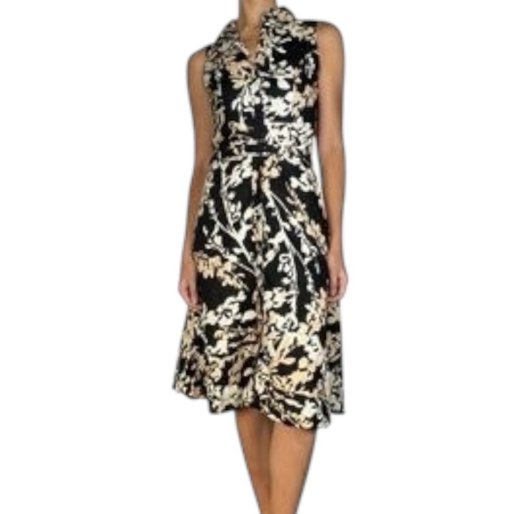 H&M Black White Sleeveless Midi Dress Belt Collar 100% Linen Sz 12 Work Vacation